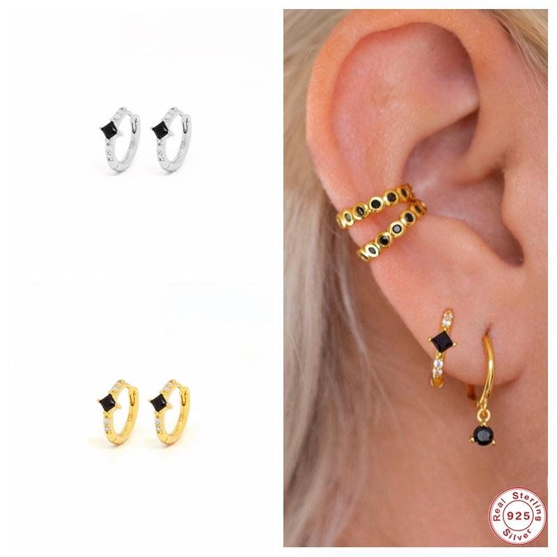 

Hoop & Huggie Luxury Woman Lovers' Friends Real 100% 925 Sterling Silver Earrings For Birthday Engagement Black Zircon Aretes Pendientes