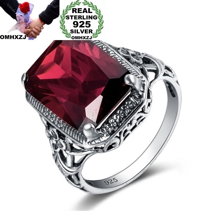 

OMHXZJ Wholesale European Fashion Woman Man Party Wedding Gift Silver Red Rectangle Zircon 925 Sterling Silver Ring RR17