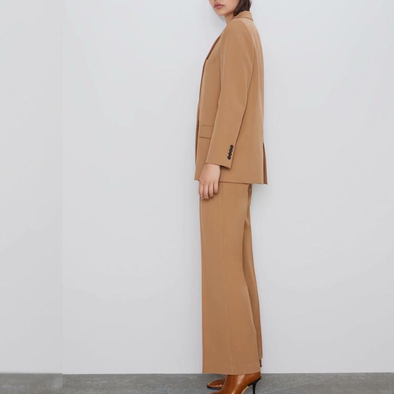 

Khaki Casual suits women blazer-set single button pocket full sleeve top & flared trousers stylish office lady coat femme suits, Pants