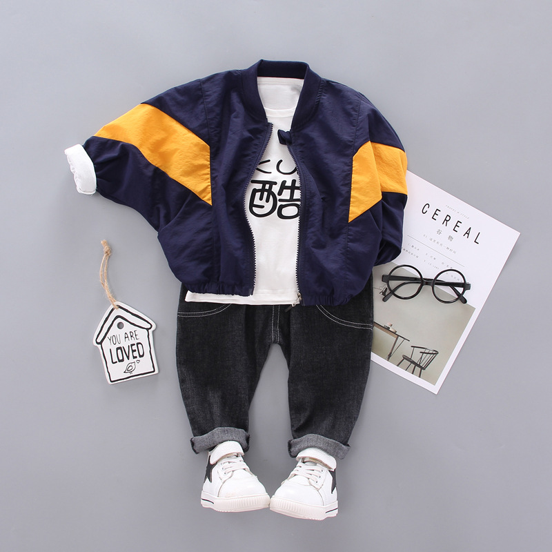 

Kids Baby Boys Cotton Outfits Sets Coat + T-shirt + Trousers Children Boy Spring Autumn Fashion Clothing, Navy blue