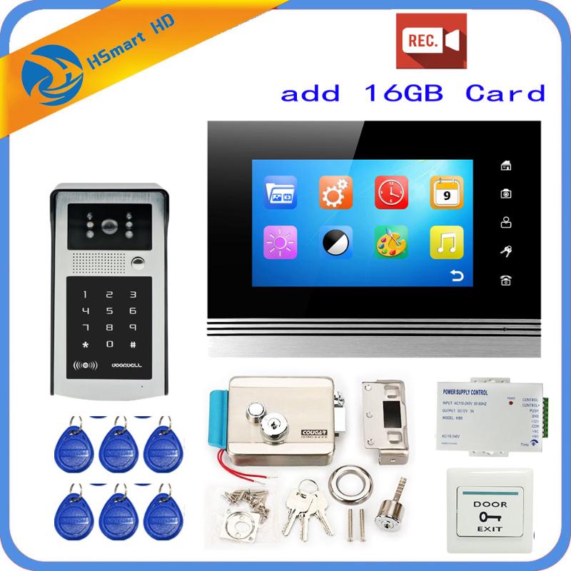 

7'' Wired Touch Screen Record Video Door Phone System 1 Indoor Monitor HD Outdoor Camera Support RFID Password Unlock