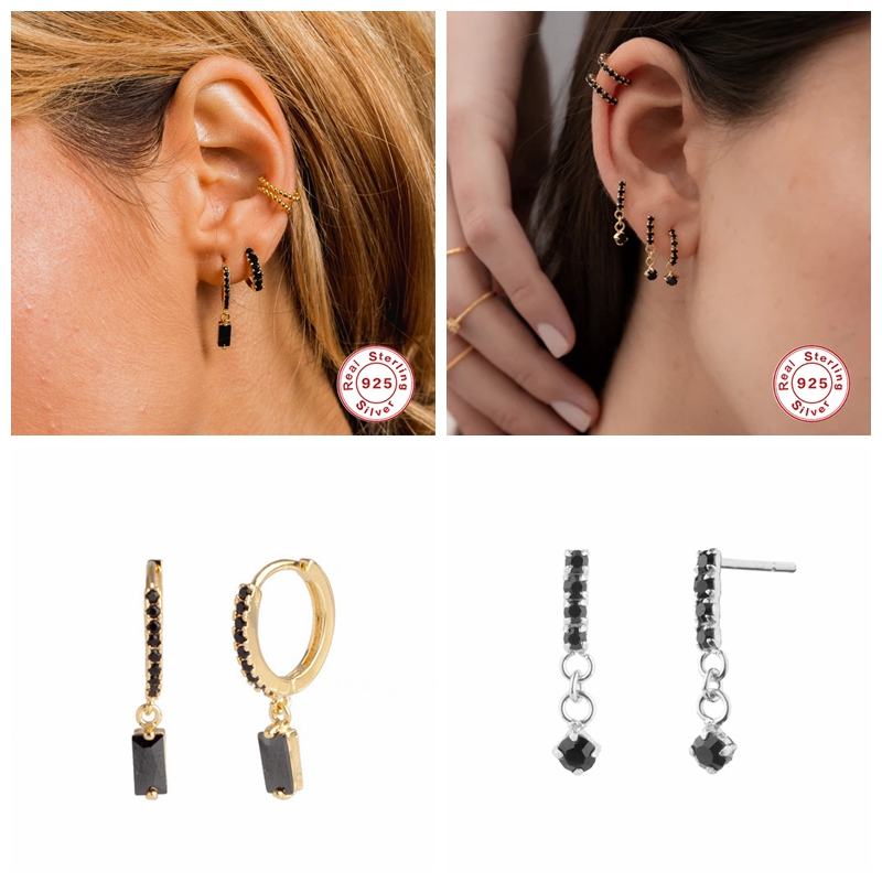 

100% 925 Sterling Silver Bling Black Zircon Hanging Pendientes Hoop Earring For Lovers' Valentine's Gift Charm Fine Jewelry