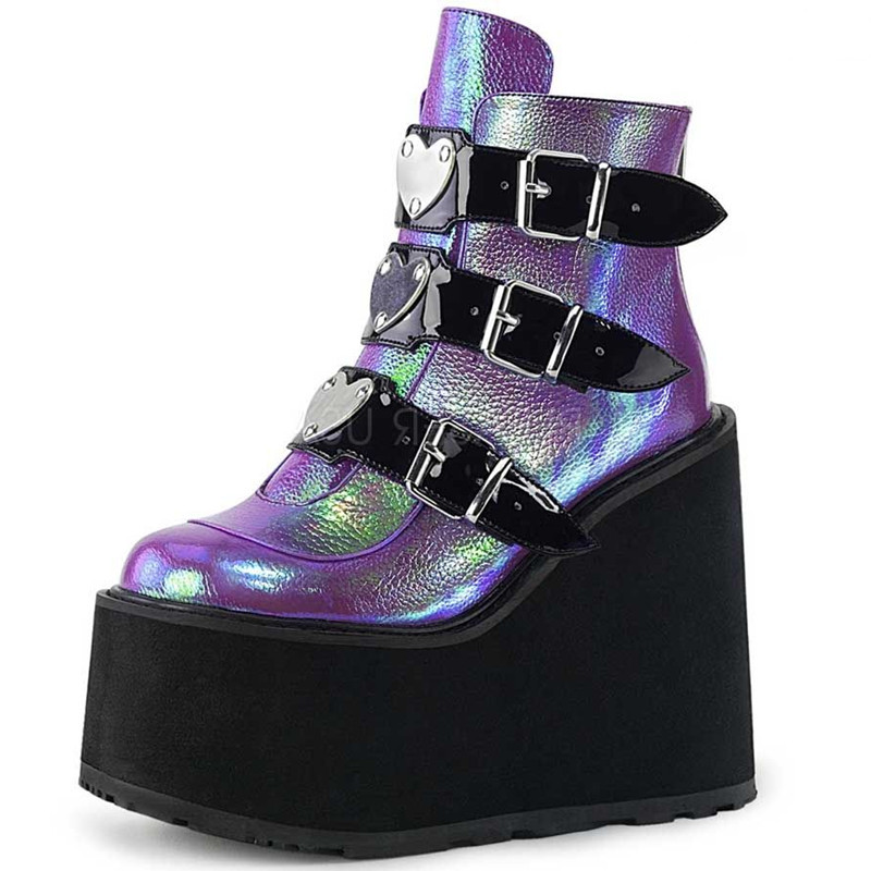 

2020 Metal Buckle Ankel Boots Women White Punk Female Platform Boots Women Wedges High Heels Botas Mujer, Black