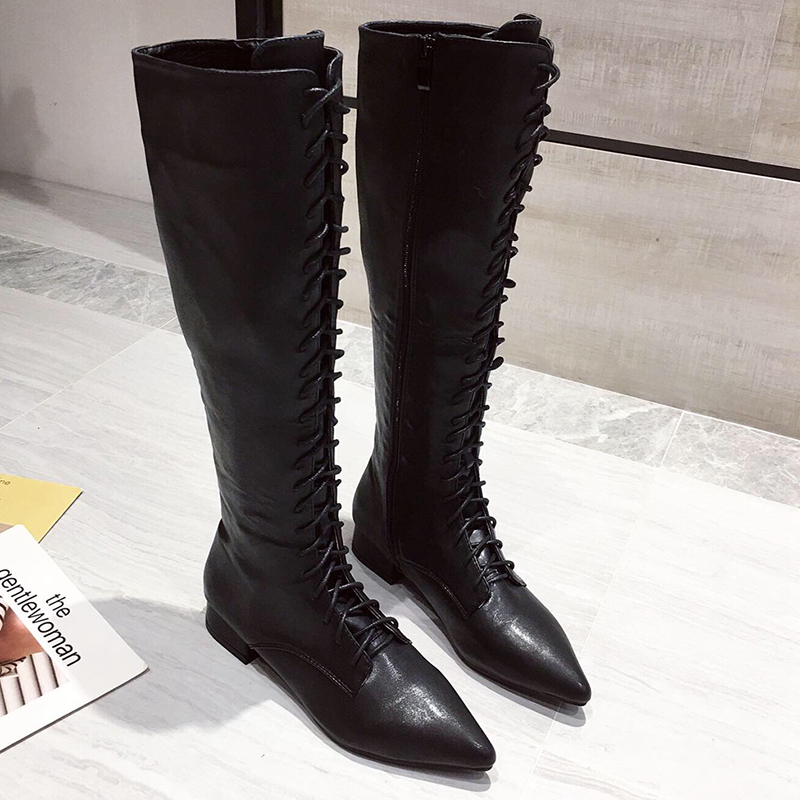 

2020 Winter Trending Women Soft Leather Or Flock Boots Square High Heels Black Boots Tie Up Knee High Ladies Party Shoes, Black flock