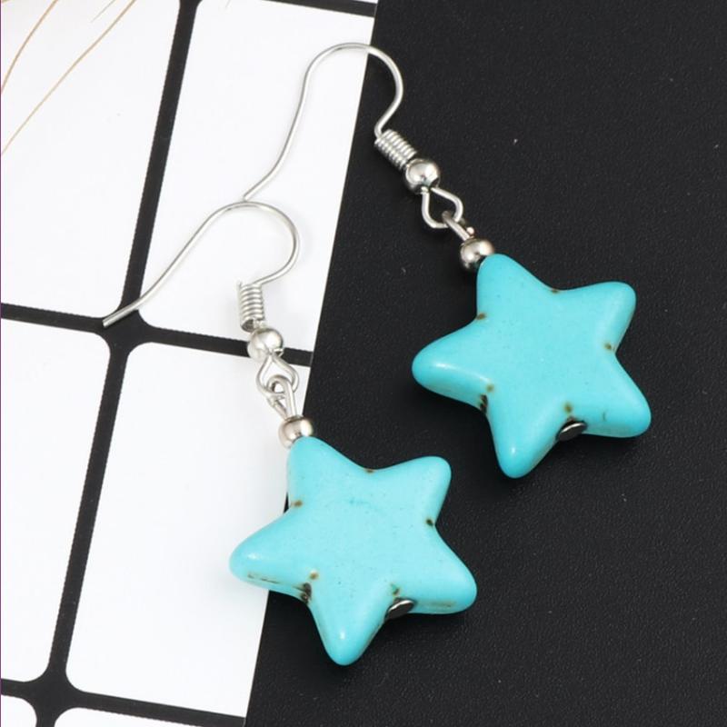 

FYJS Unique Silver Plated Star Point Green Turquoises Stone Dangle Earrings Transfer Lucky Gift Jewelry