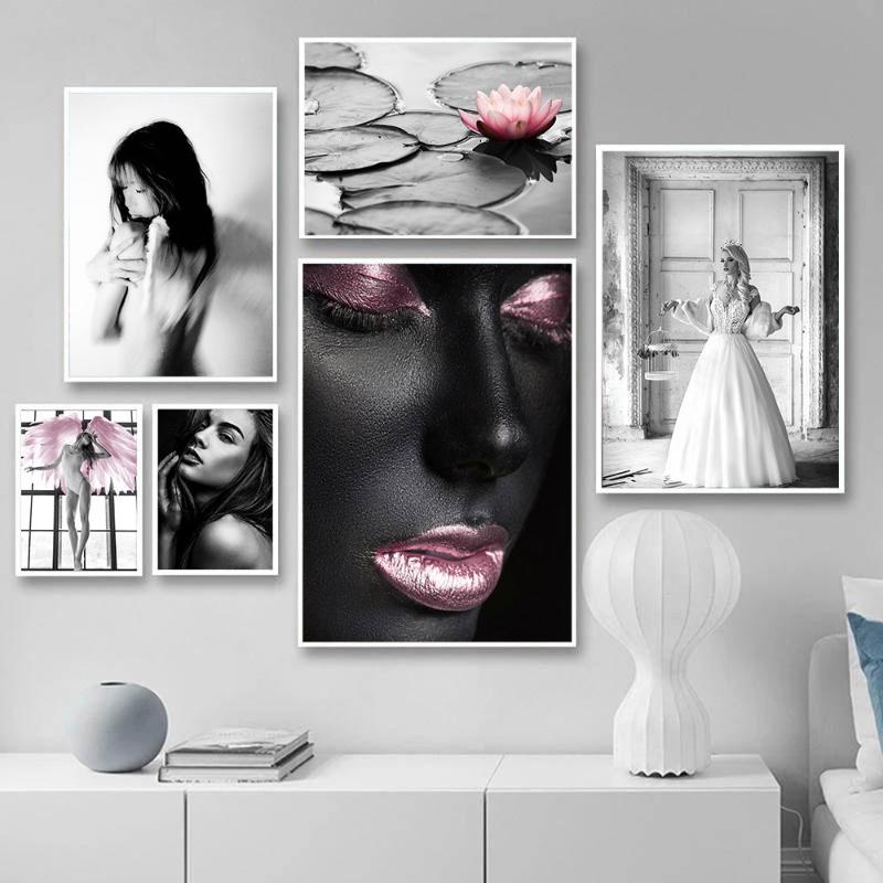 

Black and White Canvas Painting on The Wall Sexy Girl Poster and Prints Pink Wing Decorative Image for Home Decor Metal Frame