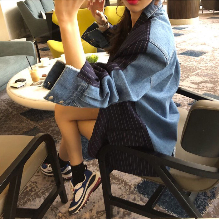 

New Style Denim Patchwork Striped Women Blazer Casual Office Lady Lapel Suit For Women Single Breasted Jacket, Black;brown