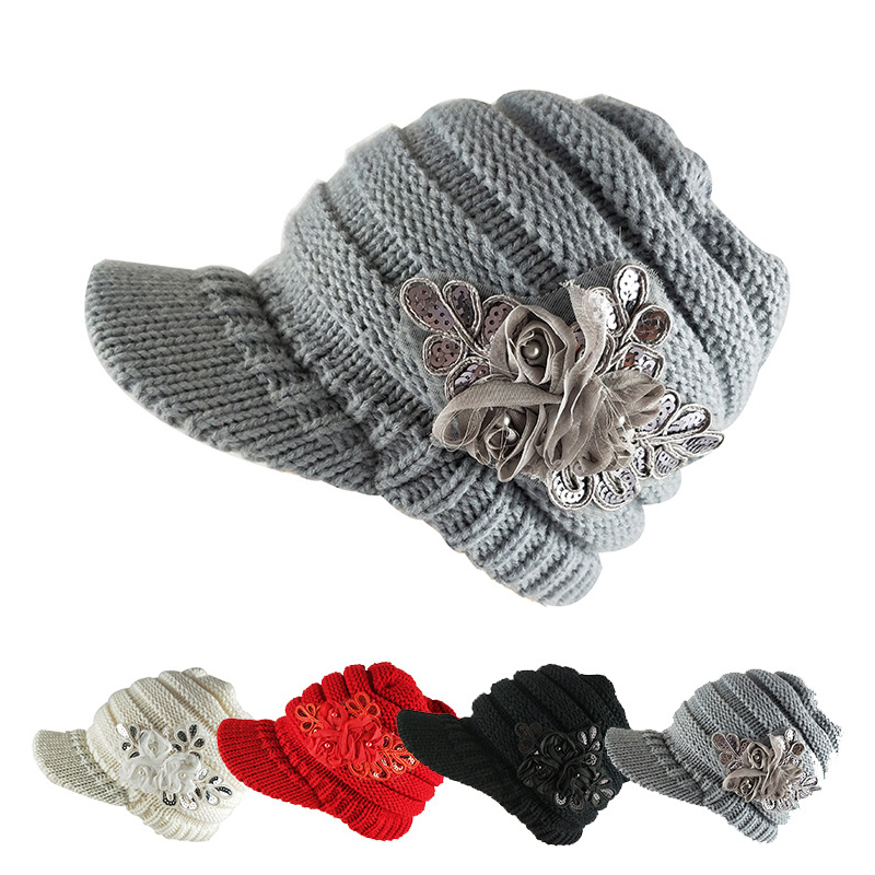 

Women's Sun-shading and Warm Knit Hat, Flower Decoration Knit Cap, Sequin Applique Ear Protection Wool Hat, White