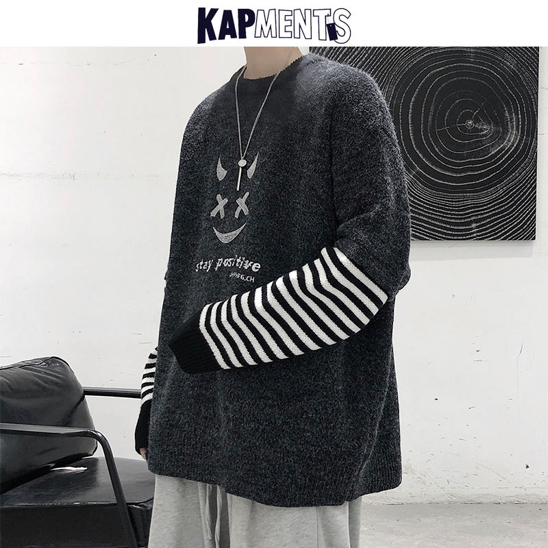

KAPMENTS Men Patchwork Striped Winter Knitted Sweater 2020 Korean Fashions Mens Harajuku Sweaters Male Vintage Pullover Sweater, Black