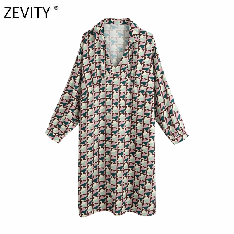 

Zevity New women vintage v neck geometric print casual straight midi dress female retro long sleeve vestidos chic dresses DS4190, As pic ds4190bb