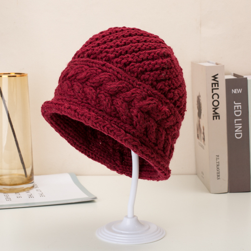 

New classic style winter thick woolen yarn Twist knitted hat warm soft wear solid color joker female sleeve beanies casual hats, Red