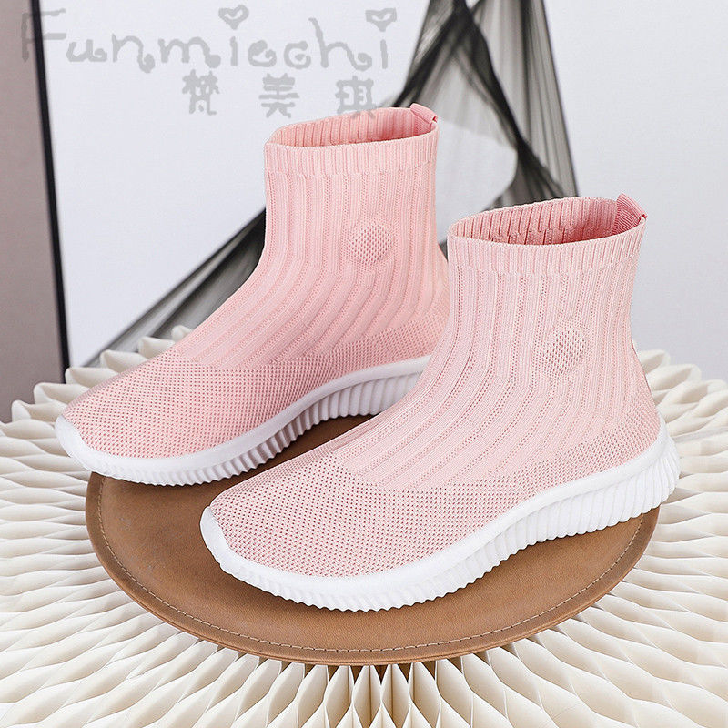 

Pink Fashion Knitting Women Socks Boots Rubber Solid Ladies Ankle Boots Spring and Autumn Women Casual