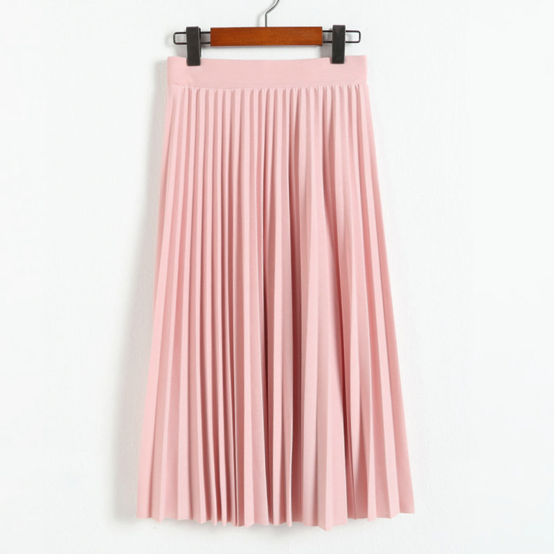 

QRWR Spring Summer Fashion Women Skirt 2020 Elastic High Waist Solid Half Length Pleated Skirts Ladies Black Pink Midi Skirt, 05