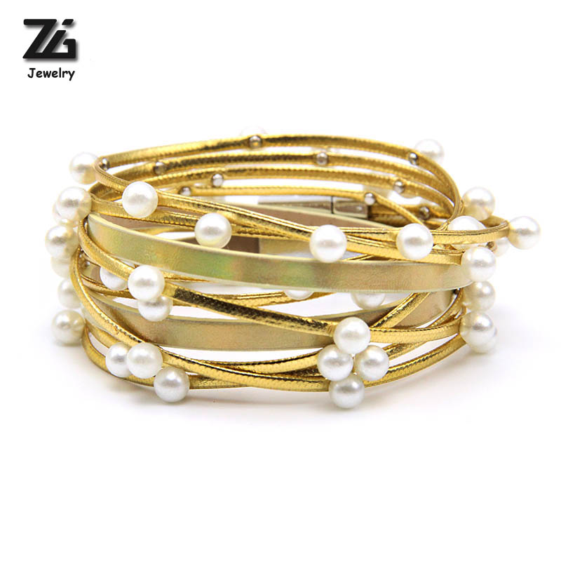 

ZG 2020 wrap leather bangle charm leather bracelet with simulated pearl 2 layer women jewelry gift