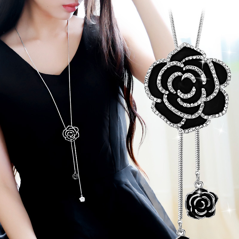 

Hot Sale Black Rose Flower Charm Long Necklace Sweater Chain Fashion Alloy Adjusted Chain Crystal Flower Pendant Necklaces
