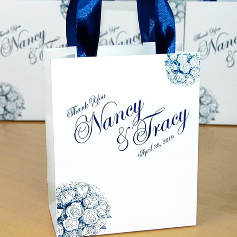 

Personalized 30 Wedding Welcome Bags with satin ribbon & names Elegant Navy Blue wedding favors for guests Weekend