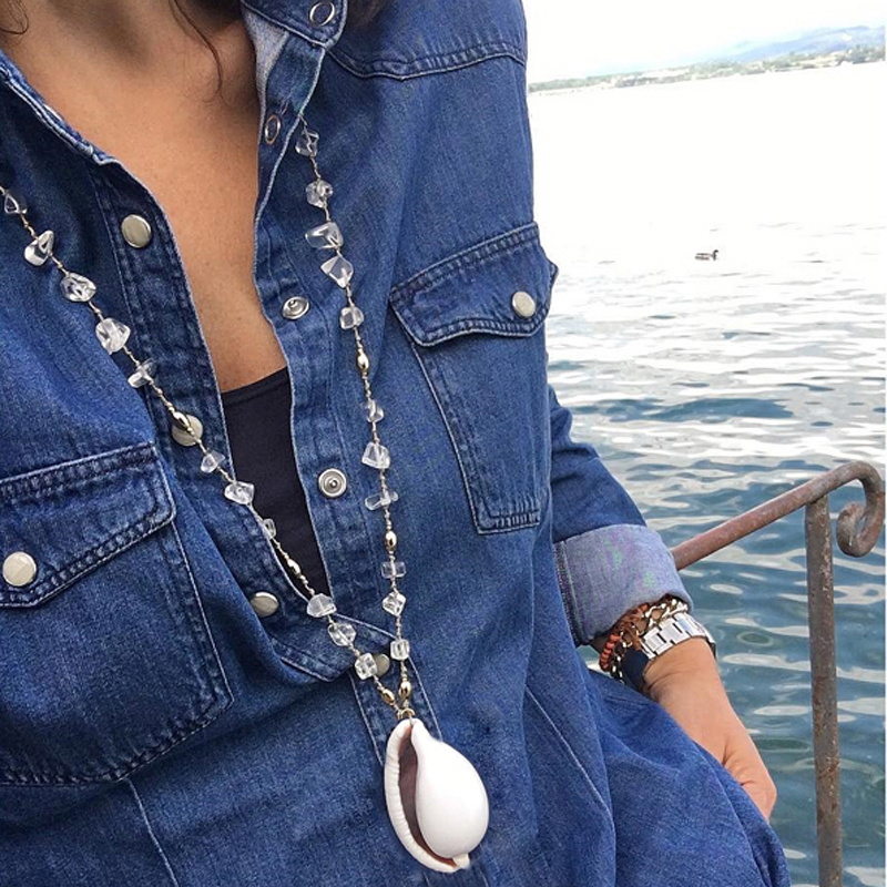 

MOON GIRL Knotted Natural Crystal Big Cowrie Pendant Necklace Women Fahsion Trendy Long Chic Handmade Collier Femme Dropshipping