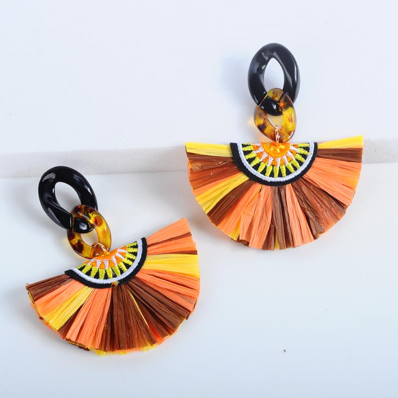 

Fashion Bohemian Colorful Raffia Grass Fan-shaped Tassel Fringe Earrings For Women Boho Sunflower Charm Acrylic Dangle earring