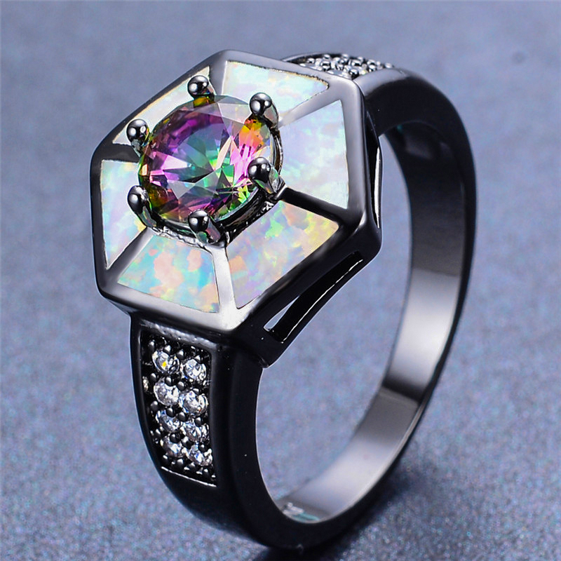 

Boho Female Blue White Fire Opal Ring Vintage 14KT Black Gold Wedding Rings For Women Promise Rainbow Stone Engagement Ring