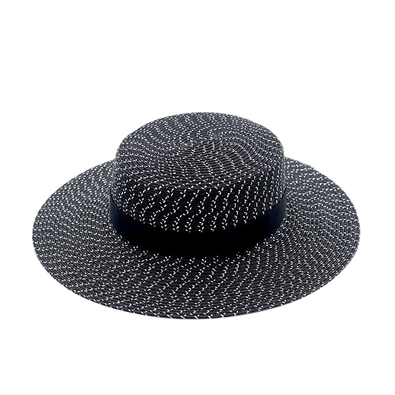 

Fashion Lady Straw Hat Wide Side Summer Hat Black Flat Top Ms Panama Beach