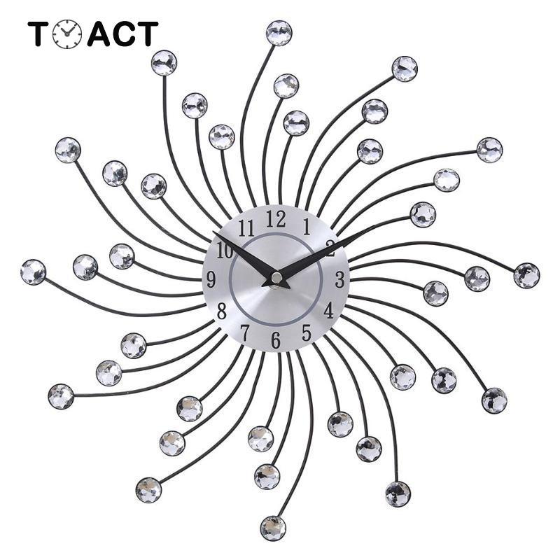 

33cm Vintage Metal Crystal Sunburst Wall Clock Luxury Diamond Large Wall Clock Morden Design Silent Clocks for Home Decor