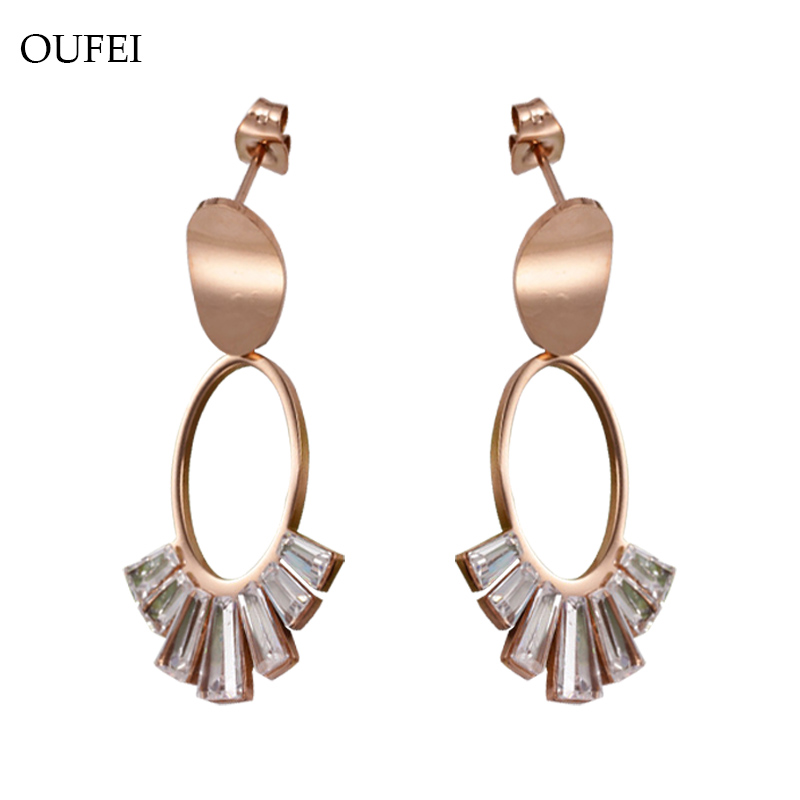 

OUFEI Stainless Steel Earring Wholesale Round Drop Earrings Crystal Earring Rose Gold Jewelry For Women 2020 Fashion New Jewelry