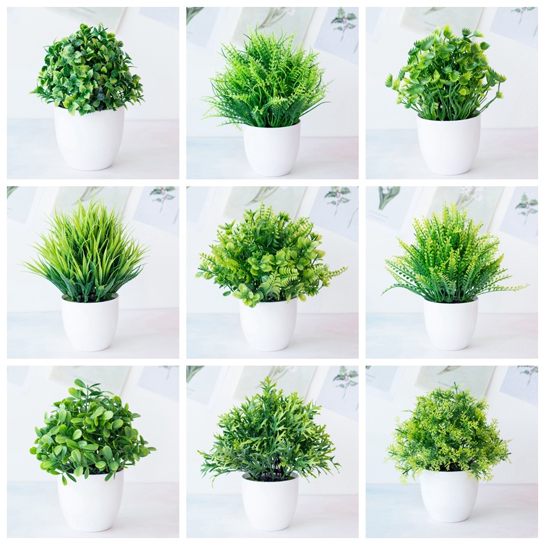 

Green Artificial Milan Eucalyptus Lavender Mint Grass Flower Nordic Style Home Party Decor White Round Potted Fake Plants Bonsai, Stylec height 8.2cm
