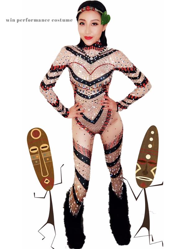 

exotic costume Africa skin color stocking tights jumpsuit performance wear party sexsy pole dancing jazz sparkly rhinstone, Multi