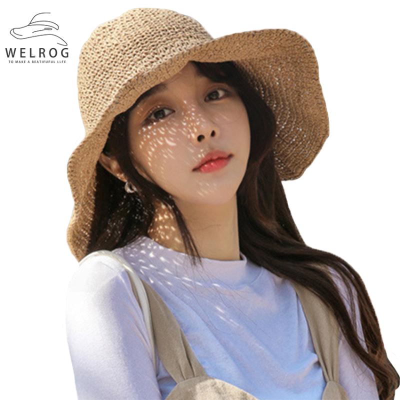 

WELROG Handmade Straw Hat Solid Color Crochet Foldable Hat Spring Summer Big Eaves Women New Sun Cap Fedoras, Khaki