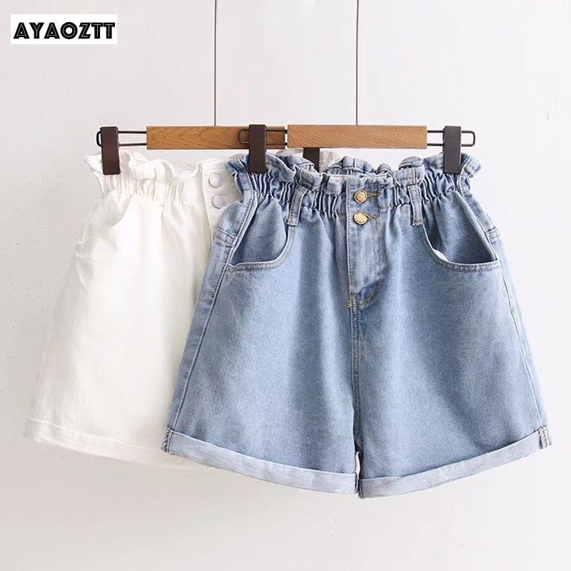 

Summer Denim Shorts Women High Waist Casual Loose Ladies Fashion Roll Up Hem Elastic Waist Pocket Blue White Jeans Female