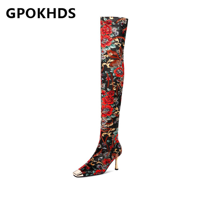 

GPOKHDS 2021 women Over-the-Knee boots Winter short plush Square Toe Metal Decoration Print High heels female boots size 40, Flower