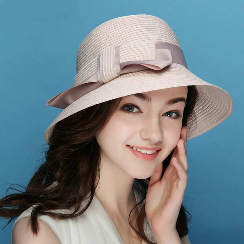 

Sun Hat Women Spring Summer New Elegant Straw Hats Folding Sun Protection Korean Cap Holiday Beach Breathable Visor Caps H6649, Pink
