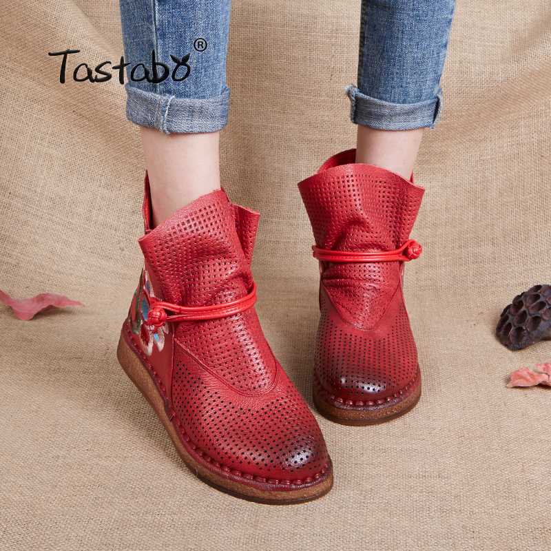 

Tastabo Shoes Women Retro Casual Handmade Ankle Boots Flat Real Genuine Leather Women Shoes Breathable booties Comfortable foot, Red