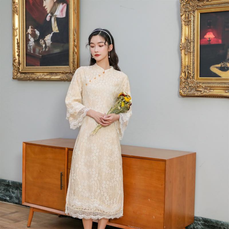 

women Evening Party Dress Chinese Style Women LACE Qipao Improved Half Sleeve print ruffled LOLITA Chinese DRESS