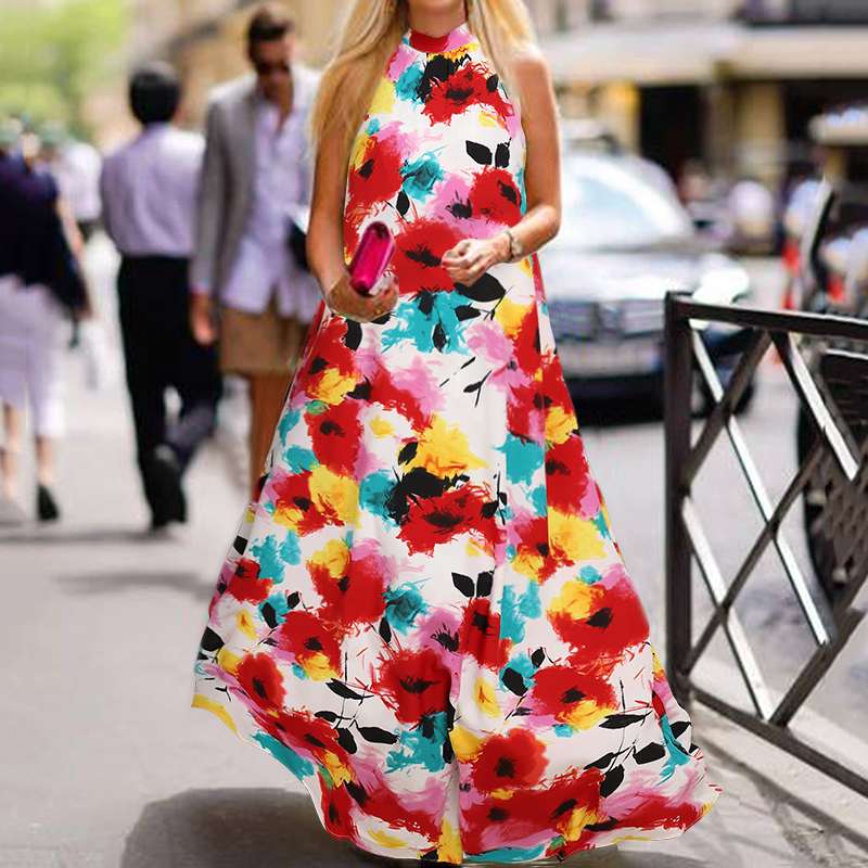

2020 Summer Women Sexy Halter Maxi Dress Celmia Elegant Floral Print Party Maxi Dress Casual Sleeveless Long Sundress Vestidos, Black