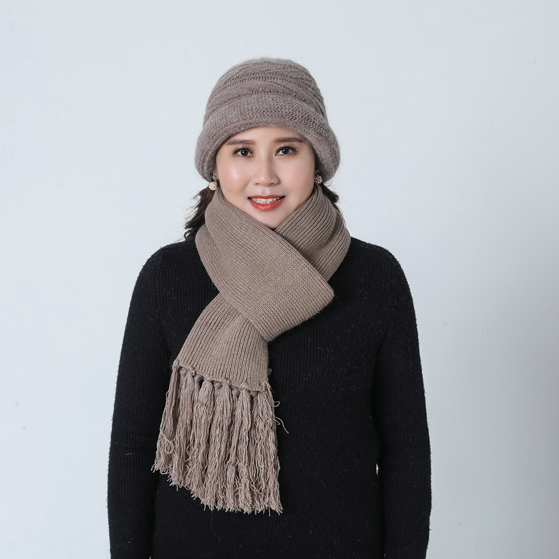 

High Quality Winter Women Fur Hat Scarf Set Lady Warm Knitted Cap Scarf Knitted Hats Sets Mother Caps Shawl Gift, Khaki