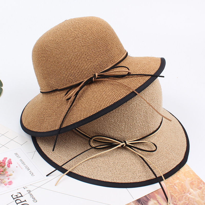 

Hat Female Summer Korean-Style Artistic Bow Fisherman Bucket Hat Foldable College Style Sun Female Sun Straw, Beige