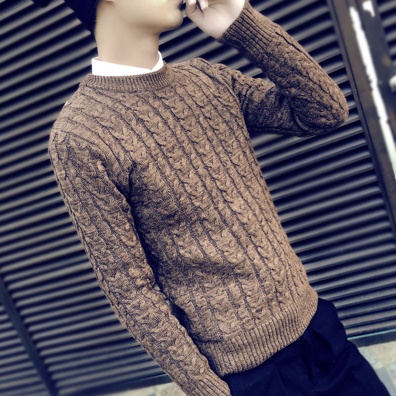 

2019 sweater men's fall and winter new set of knitwear trend round neck youth fashion slim men's wear, Beige