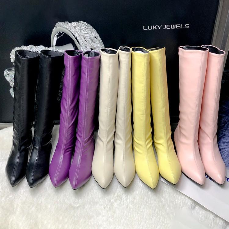 

2020 new pointed low-heeled high-top candy-colored boots for children, Lavender