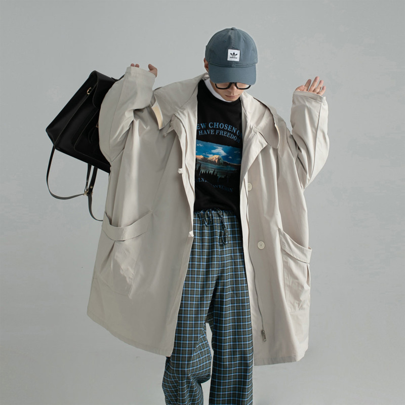 

Korean Style Trench Men' Fashion Solid Color Casual Hooded Long Coat Men Streetwear Wild Loose Windbreaker Jacket Mens Overcoat, Black