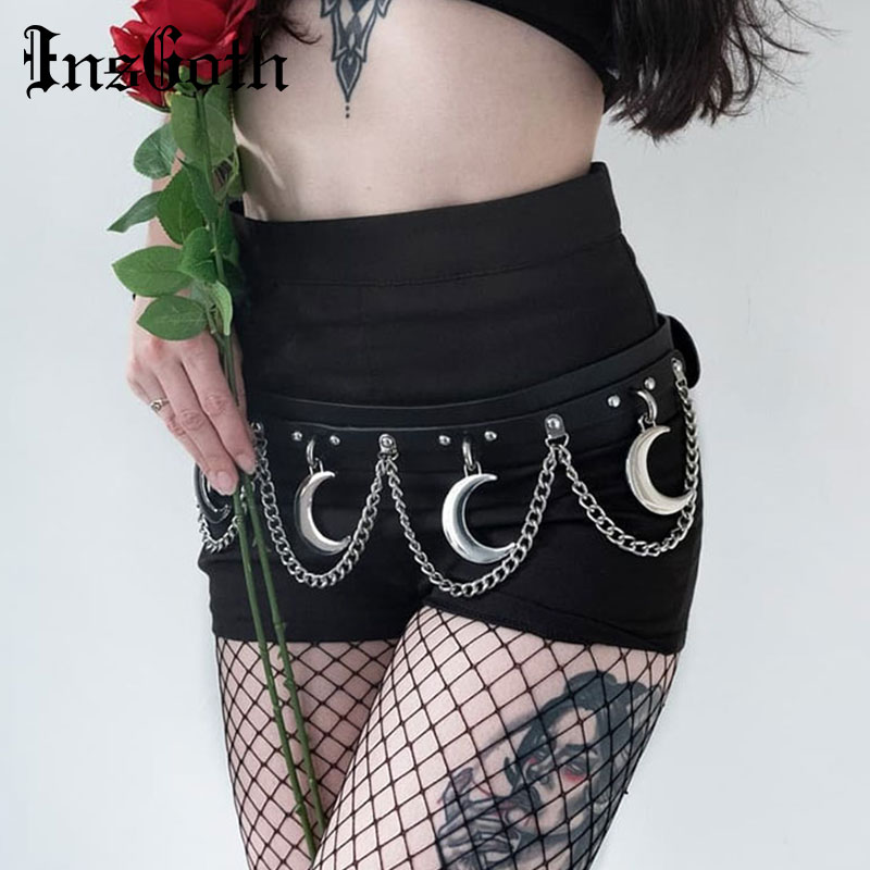 

InsGoth Punk Hip Hop Metal Belt PU Leather Belt Gothic Streetwear Chain Moon Goth Dance Streetwear Individual Women, Black