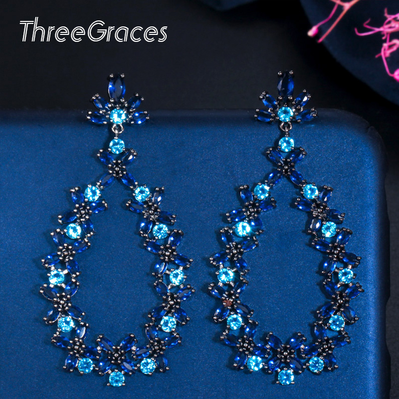 

Dangle & Chandelier ThreeGraces Luxury Wedding Bridal Earring Micro Pave Blue Cubic Zircon Big Earrings Women Party Trendy Jewelry ER455