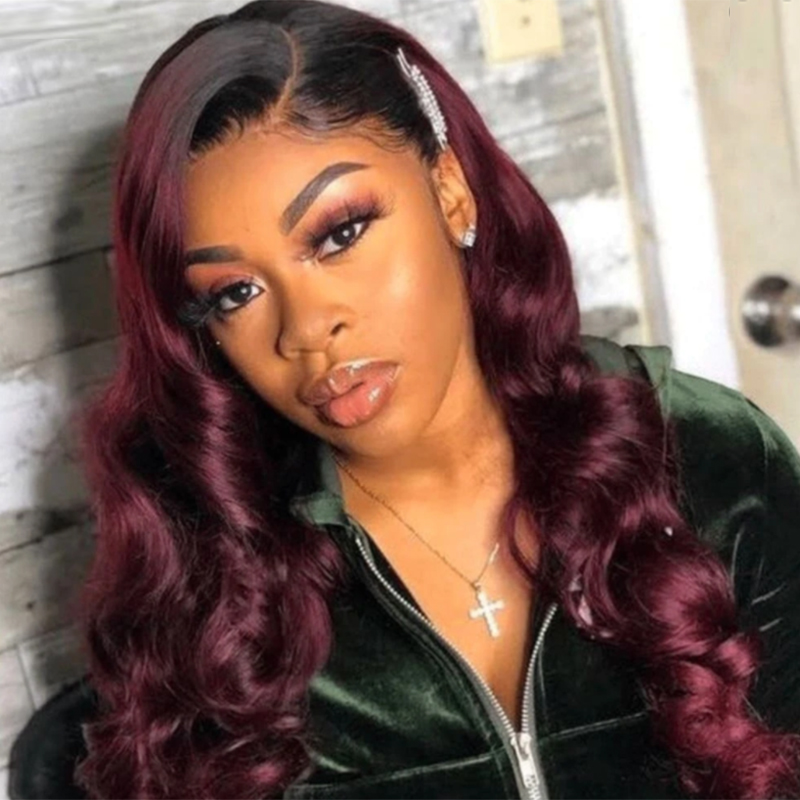 

T1B/99J Ombre Redwine Lace Front Human Hair Wigs SOKU 13x4 Brazilian Pre Plucked Lace Front Wigs For Black Women Non-Remy Hair