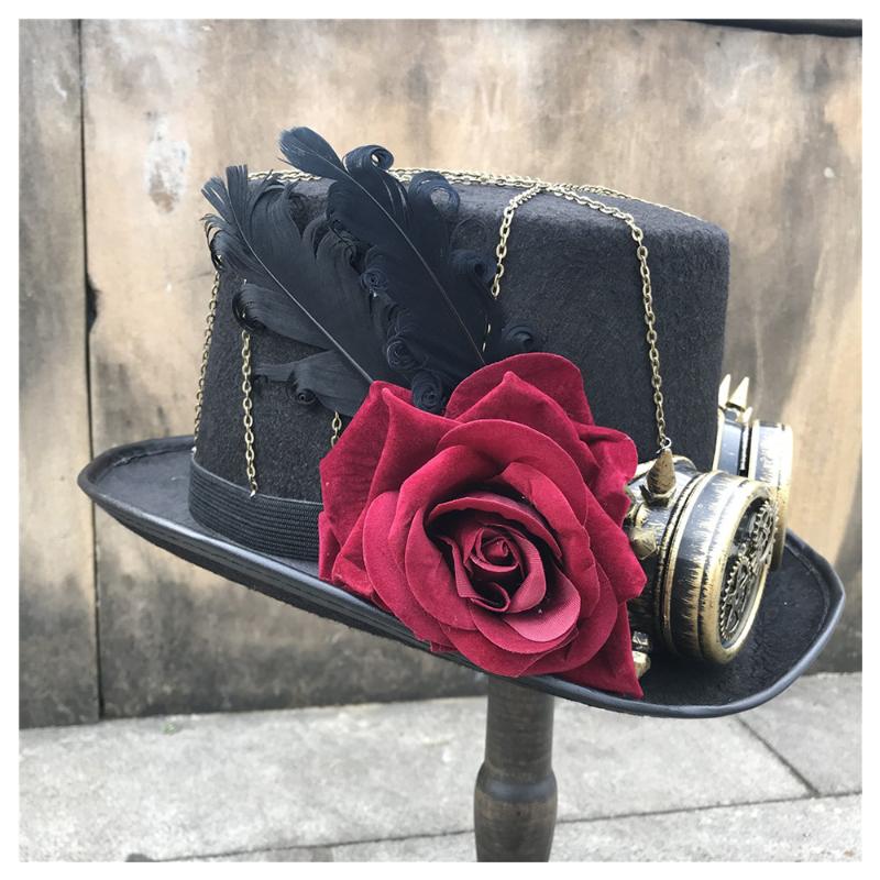 

Handmade Steampunk Retro Vintage Top Hat Gothic Wool Victorian Hats With Gears Lace Chain Party Accessories, Black