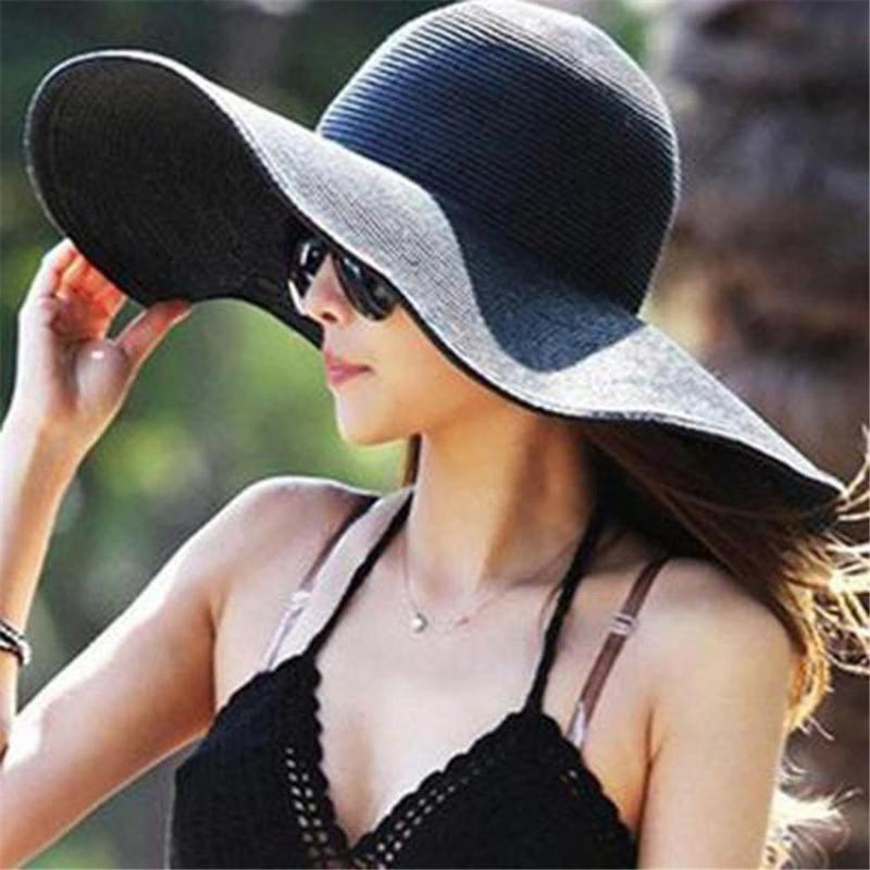 

Sun Hats For Women Floppy Folding Wide Brim Straw Cap Chapeau Ladies Elegant Fashion Solid Color Sunscreen Beach Hats, Black