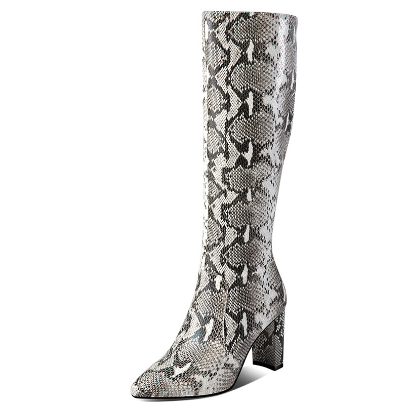 

2020 Brand Style Knee-High Boots Leather Pointed Thick Heel Snake Print Slub Pattern Full Cowhide Women Boots Fall Winter 8cm, White snake texture