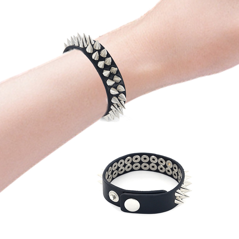 

Gothic Delicate Cuspidal Spikes Rivet Cone Stud Cuff Black Leather Bracelets & Bangles Punk Bracelet For Women Men Jewelry