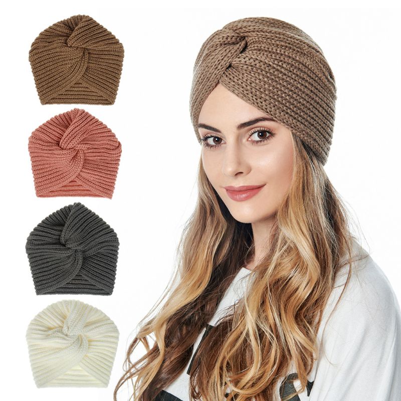 

Muslim Winter Crochet Knit Turban Beanie Hat Twist Knotted Solid Warm Skull Cap 50PF, White