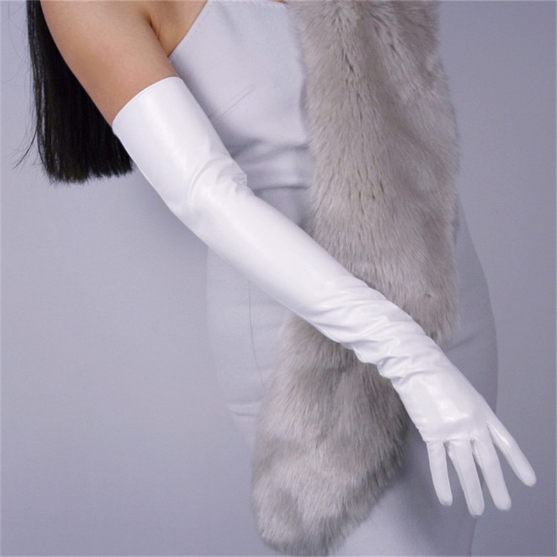 

60cm Patent Leather Extra Long Gloves Long Section PU Emulation Leather Mirror Bright White Touch Screen Female Gloves PU37-60