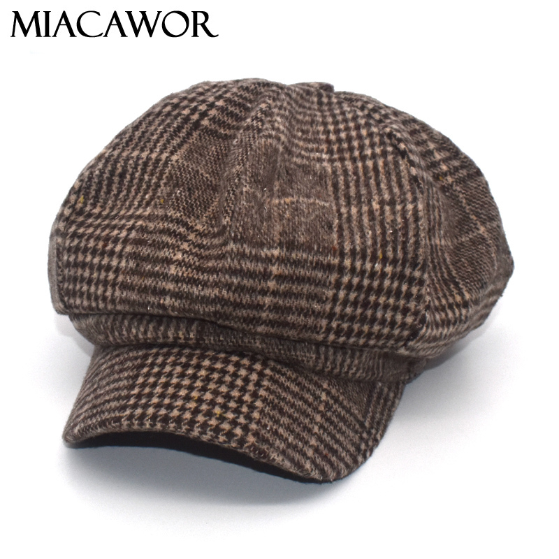 

MIACAWOR New Wool Octagonal Hats Women British Vintage Beret Hat Autumn Winter Casual Plaid Newsboy Hats Gorras Painter Hat C12, Dark grey